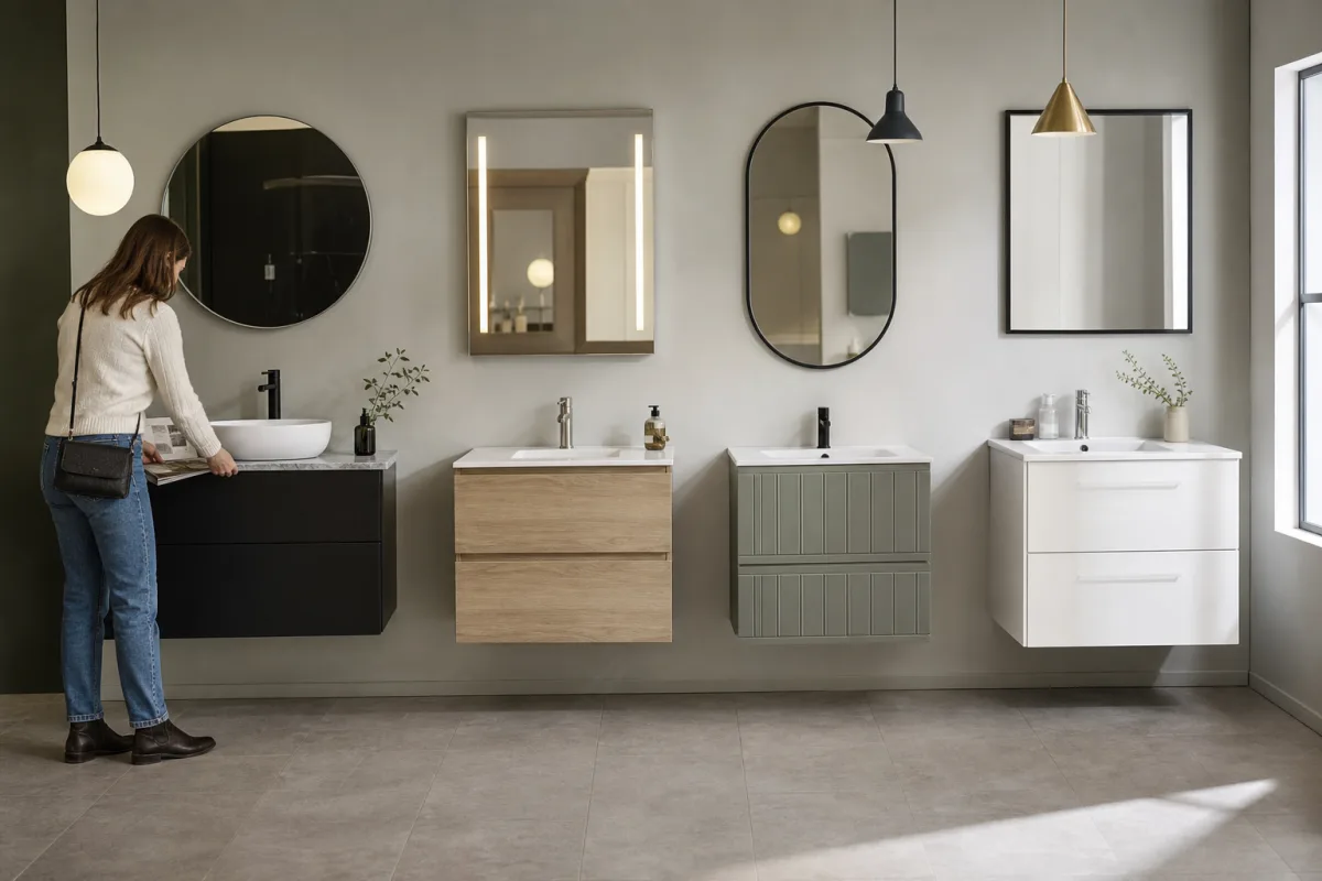 Flera olika badrumsmöbler uppradade i showroom-miljö