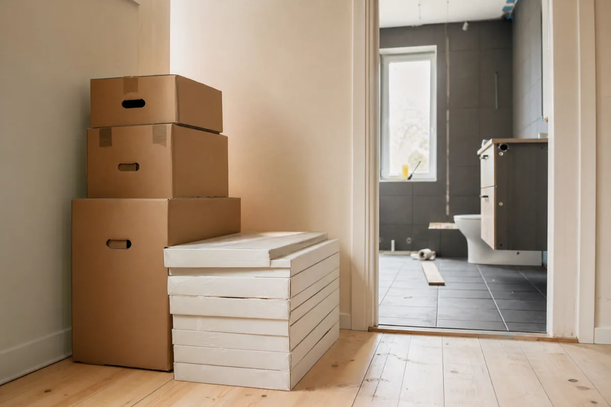 Staplade leveranskartonger i tur och ordning utanför badrum under renovering