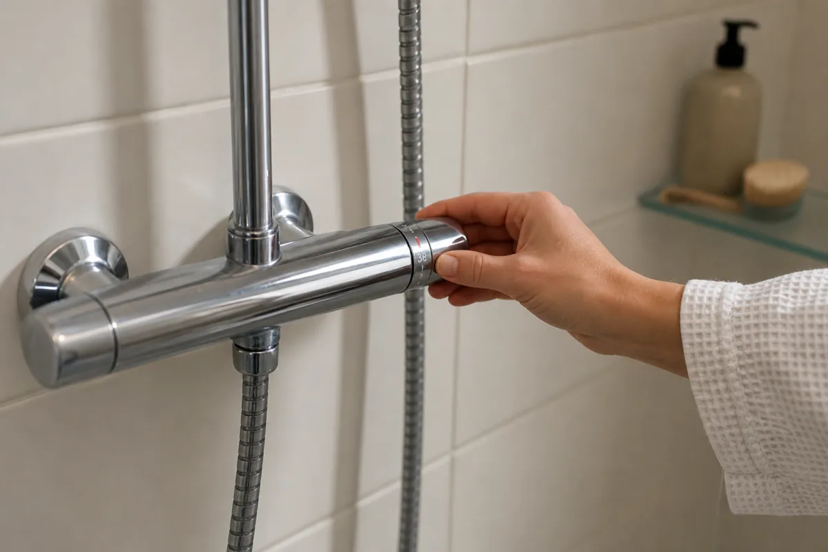 Termostatblandare med temperaturreglage i kaklat duschutrymme