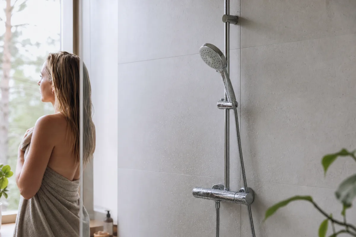 Väggmonterat duschset med handdusch och duschstång i krom