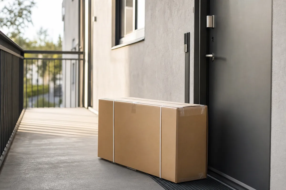 Stor emballerad paketlåda levererad utanför en lägenhetsdörr
