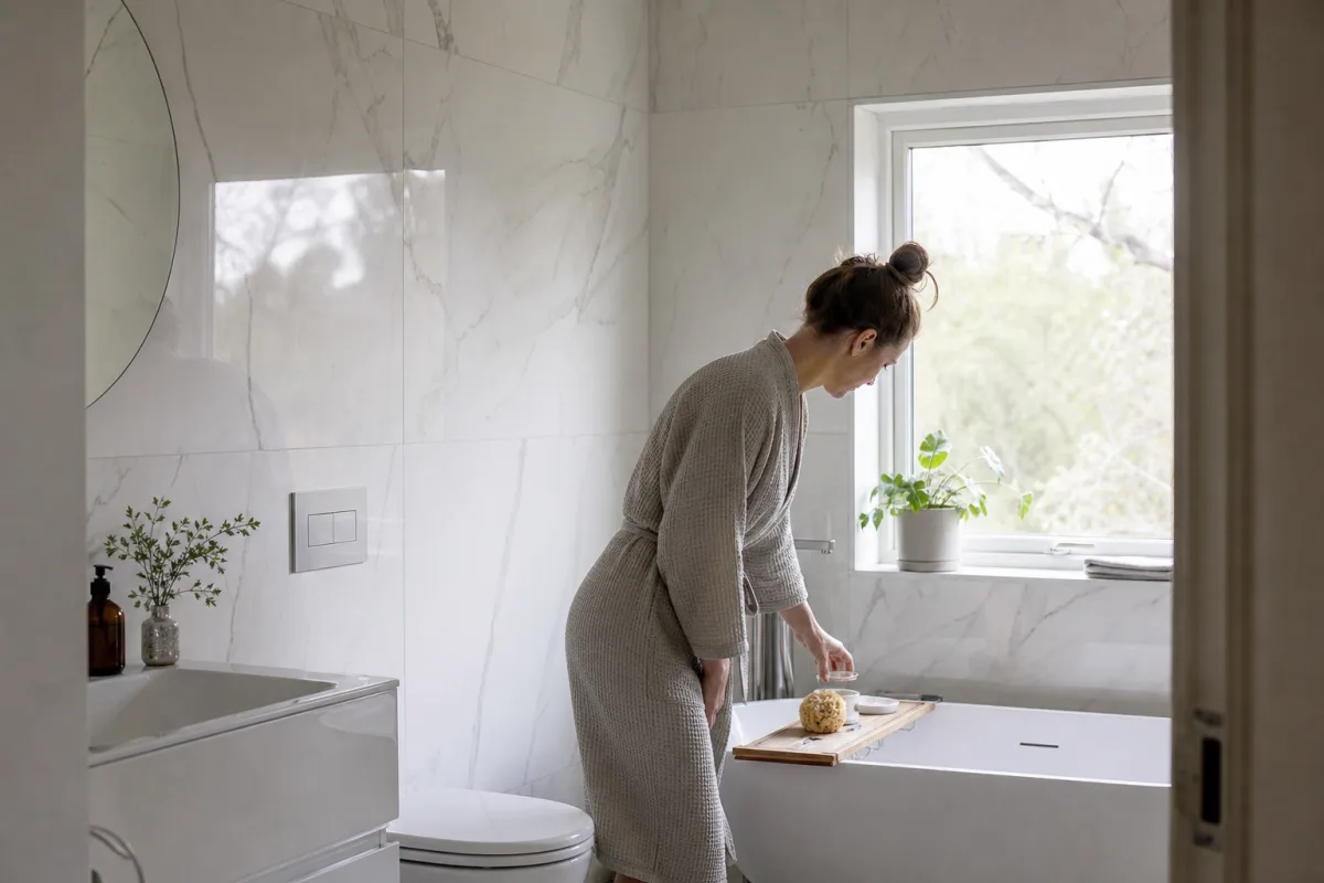 Ljust marmorimiterande kakel med subtila ådror på en badrumsvägg