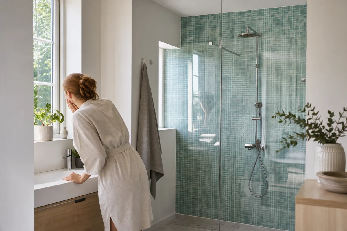 Duschvägg klädd med mosaik i badrum
